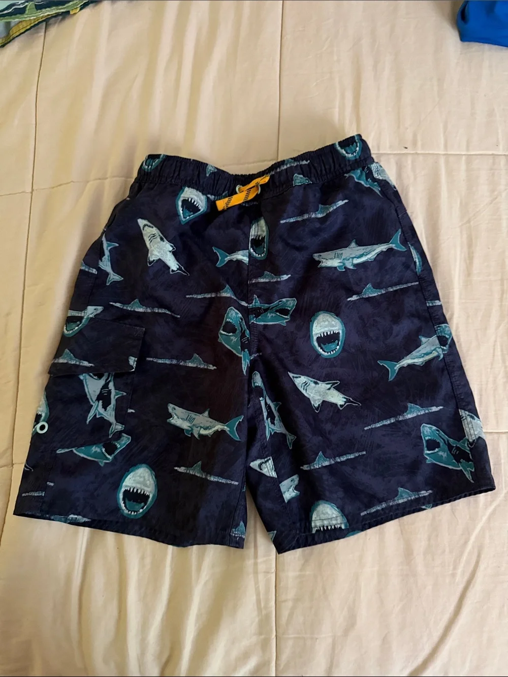 L.L. Bean Navy Blue Kids Swim Trunks with Teal Shark Print